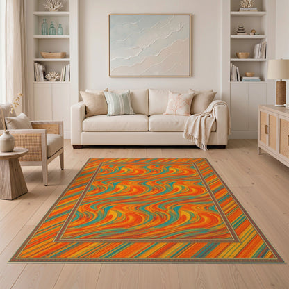 Multi-color and Patterns Vibrant Orange Teal Swirl Abstract Area Rug