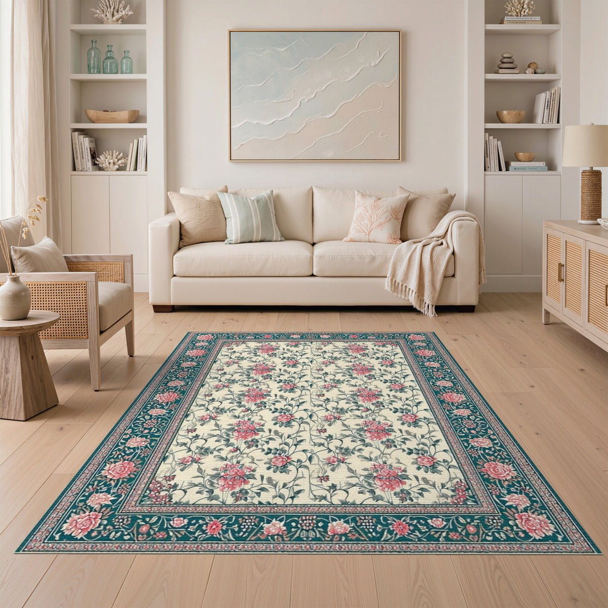 Pink Rose Teal Floral Vintage Area Rug