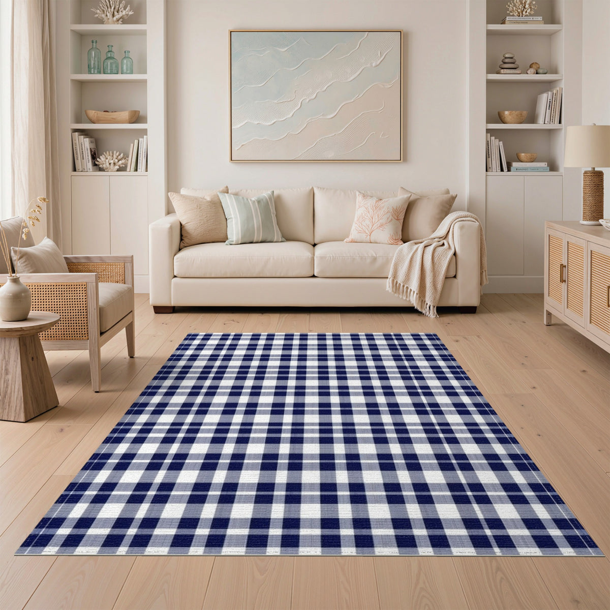 Washable Navy Blue Checkered Washable Area Rug