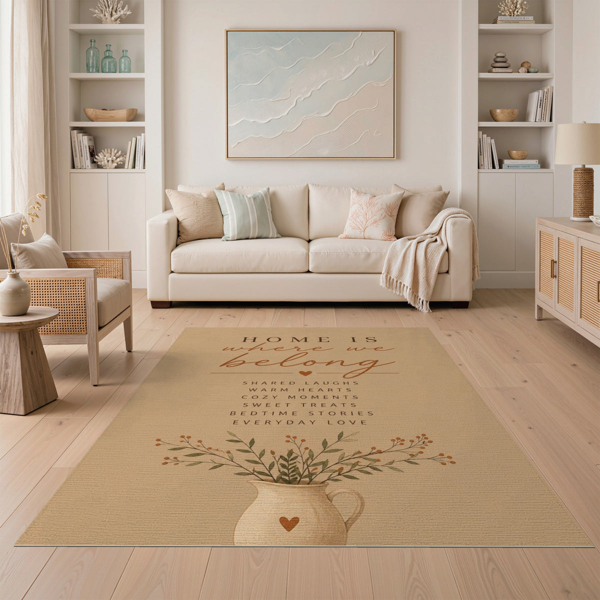 Home Is Where We Belong Beige Area Rug