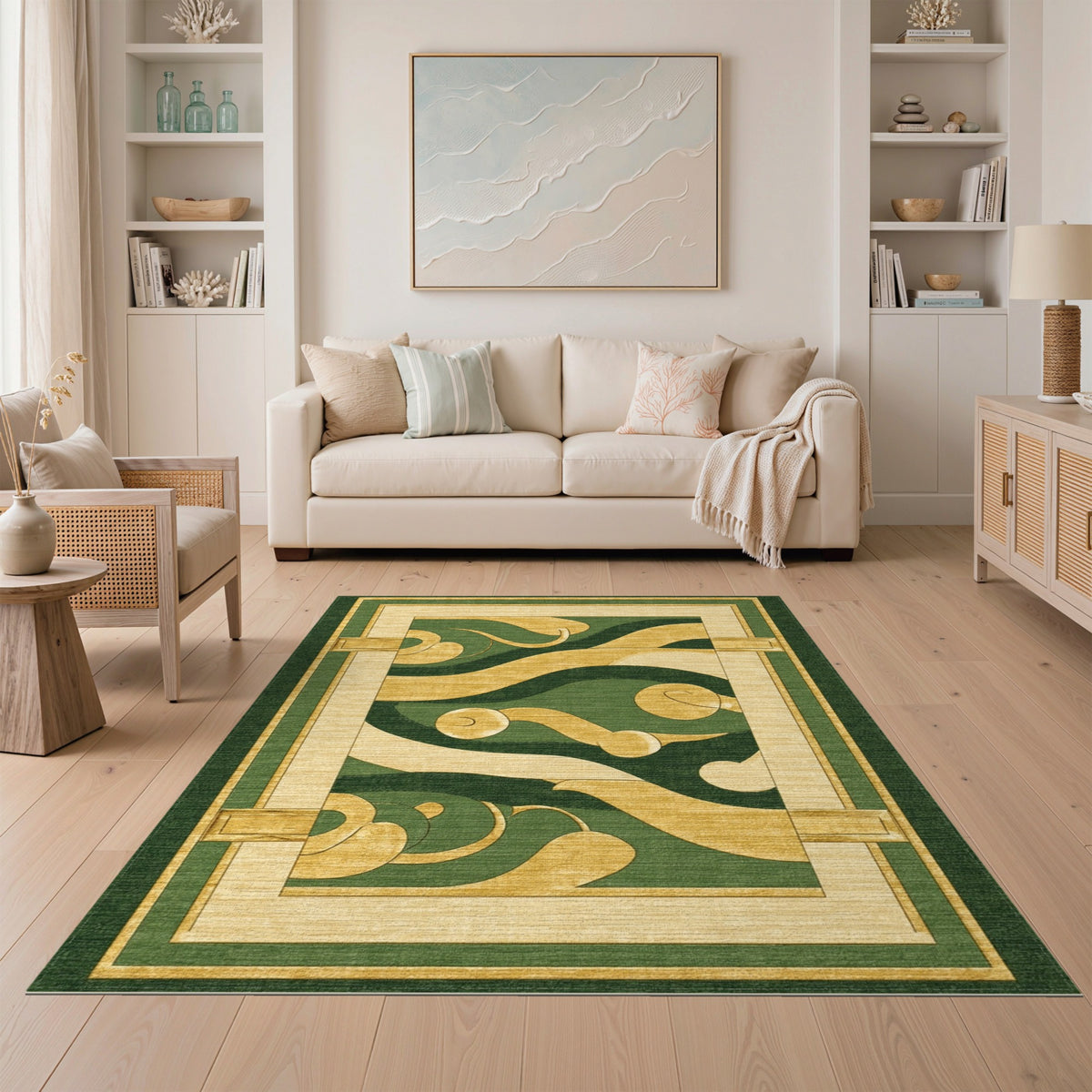 Green Gold Abstract Swirl Area Rug