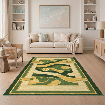 Green Gold Abstract Swirl Area Rug