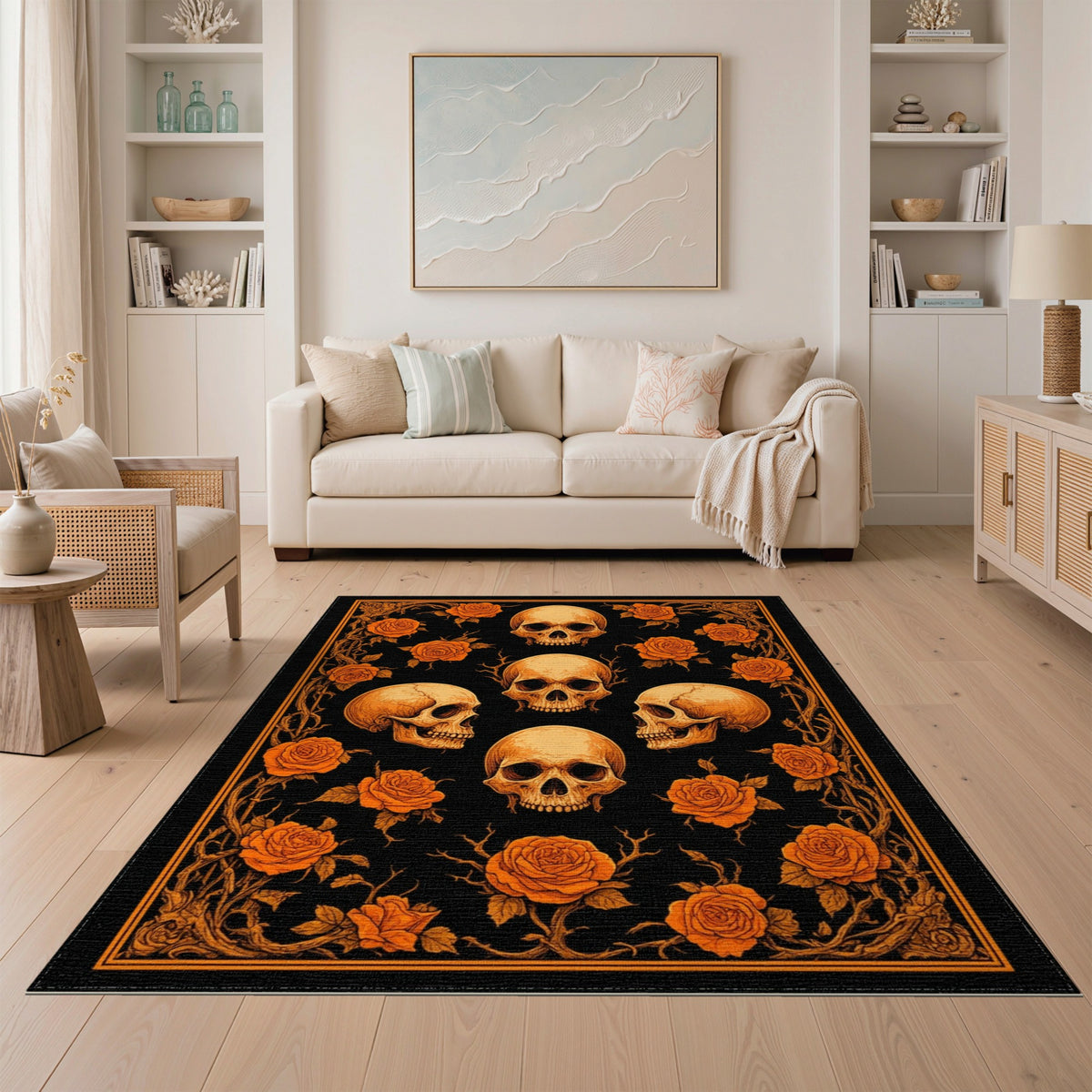 Orange Skull Rose Vintage Floral Rug