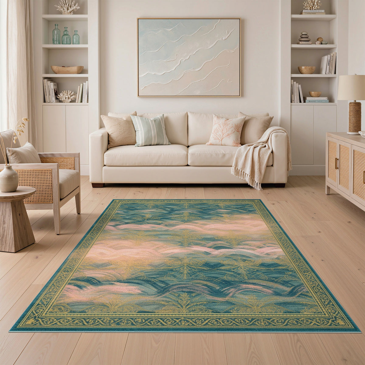 Blue Teal Floral Wave Vintage Area Rug