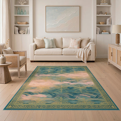 Blue Teal Floral Wave Vintage Area Rug