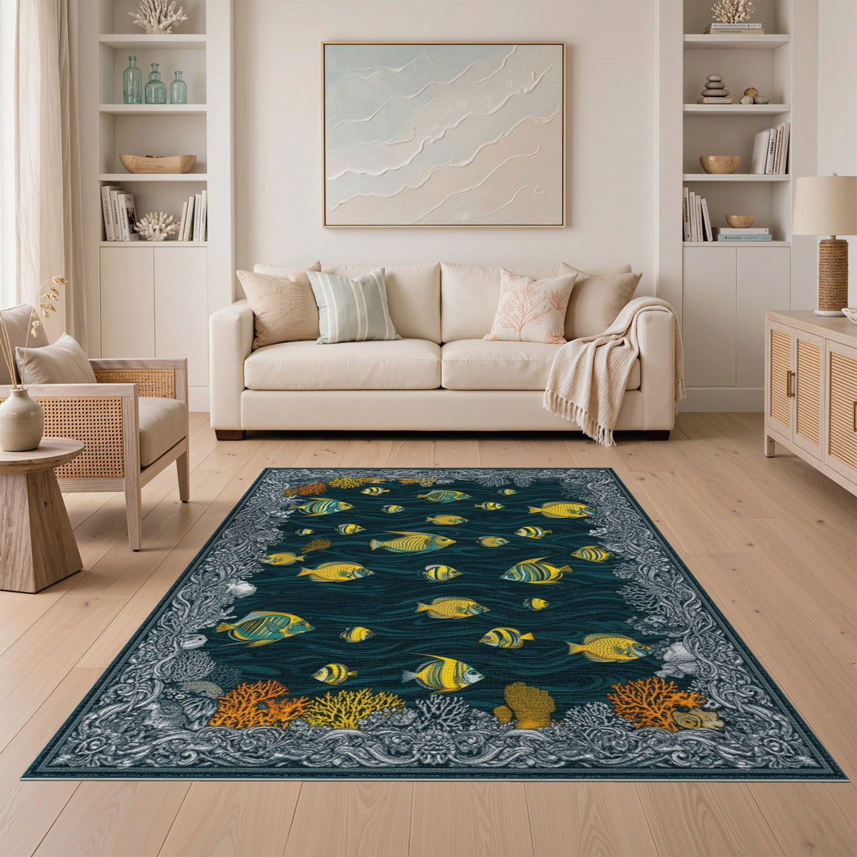 Blue Teal Yellow Fish Coastal Area Rug