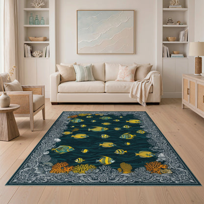Blue Teal Yellow Fish Coastal Area Rug
