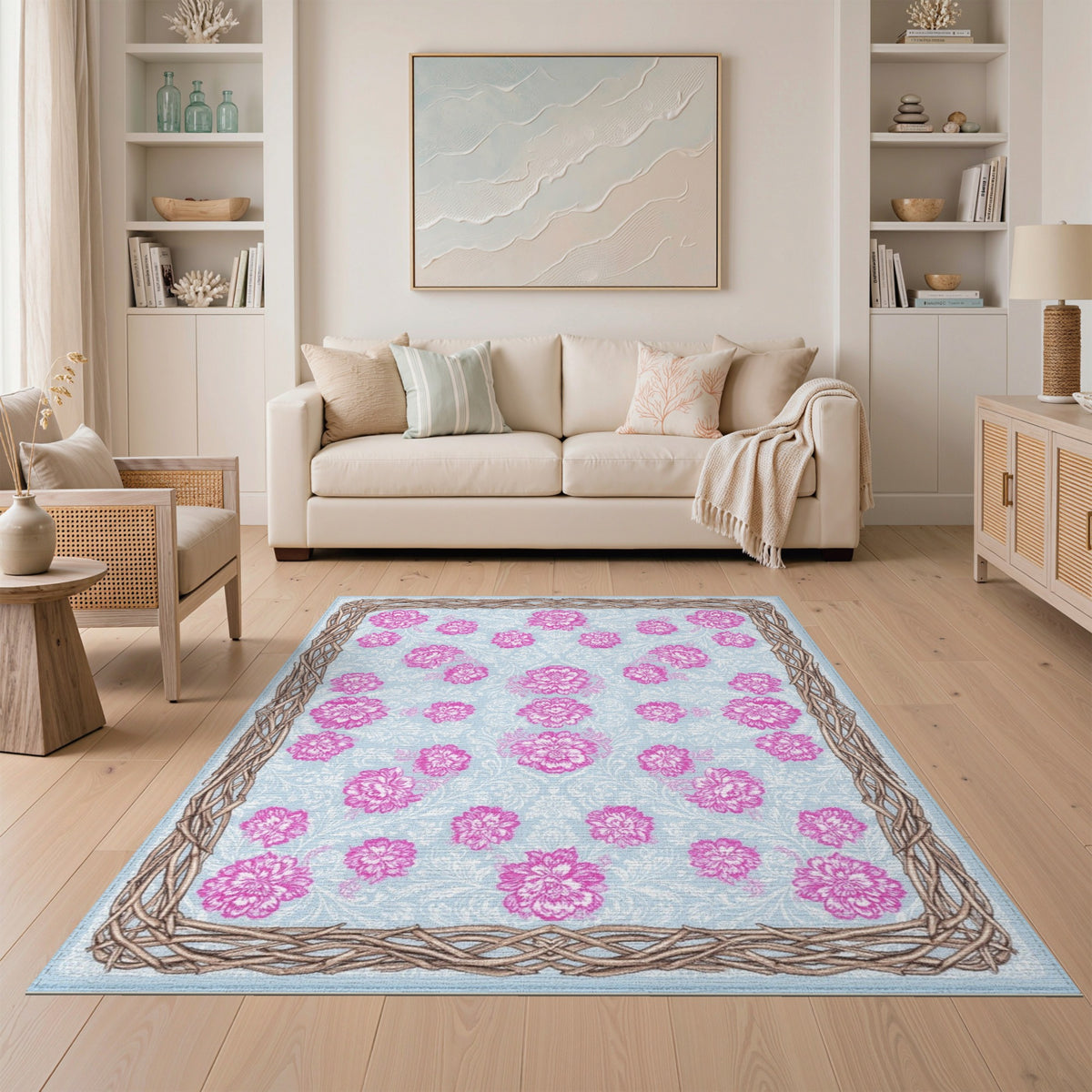 Pink Floral Vintage Area Rug with Woven Border