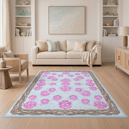 Pink Floral Vintage Area Rug with Woven Border