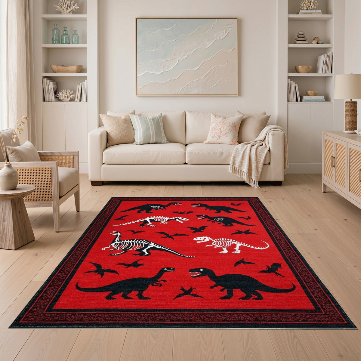 Red Dinosaur Skeleton Kids Area Rug