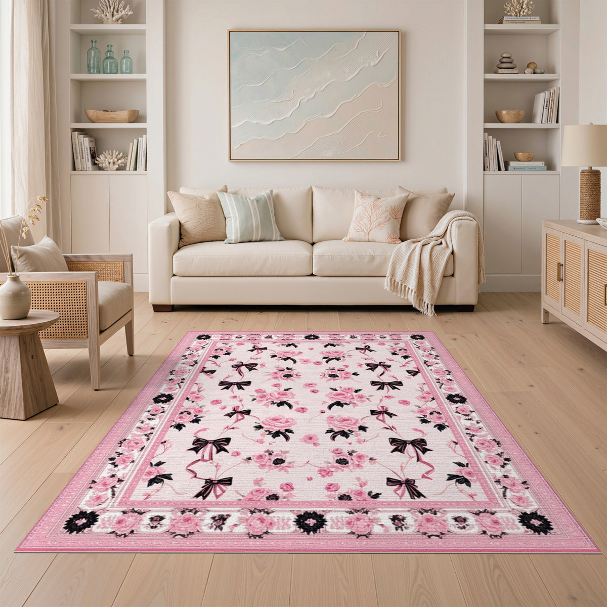 Pink Roses and Bows Floral Area Rug