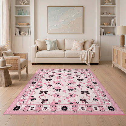 Pink Roses and Bows Floral Area Rug