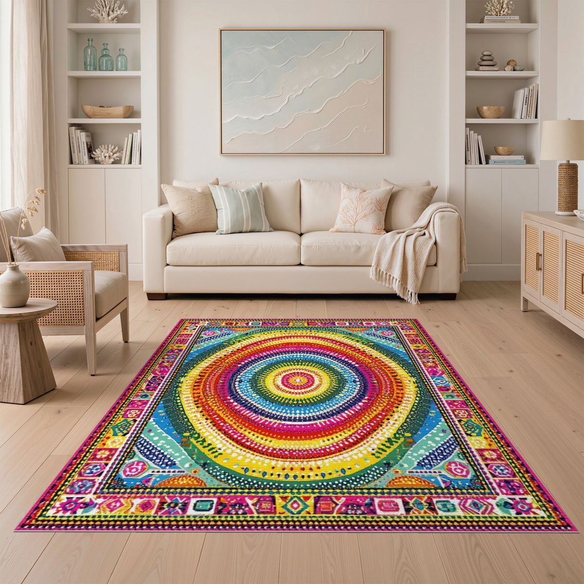 Multi-color and Patterns Vibrant Multi-Color Tribal Circle Area Rug