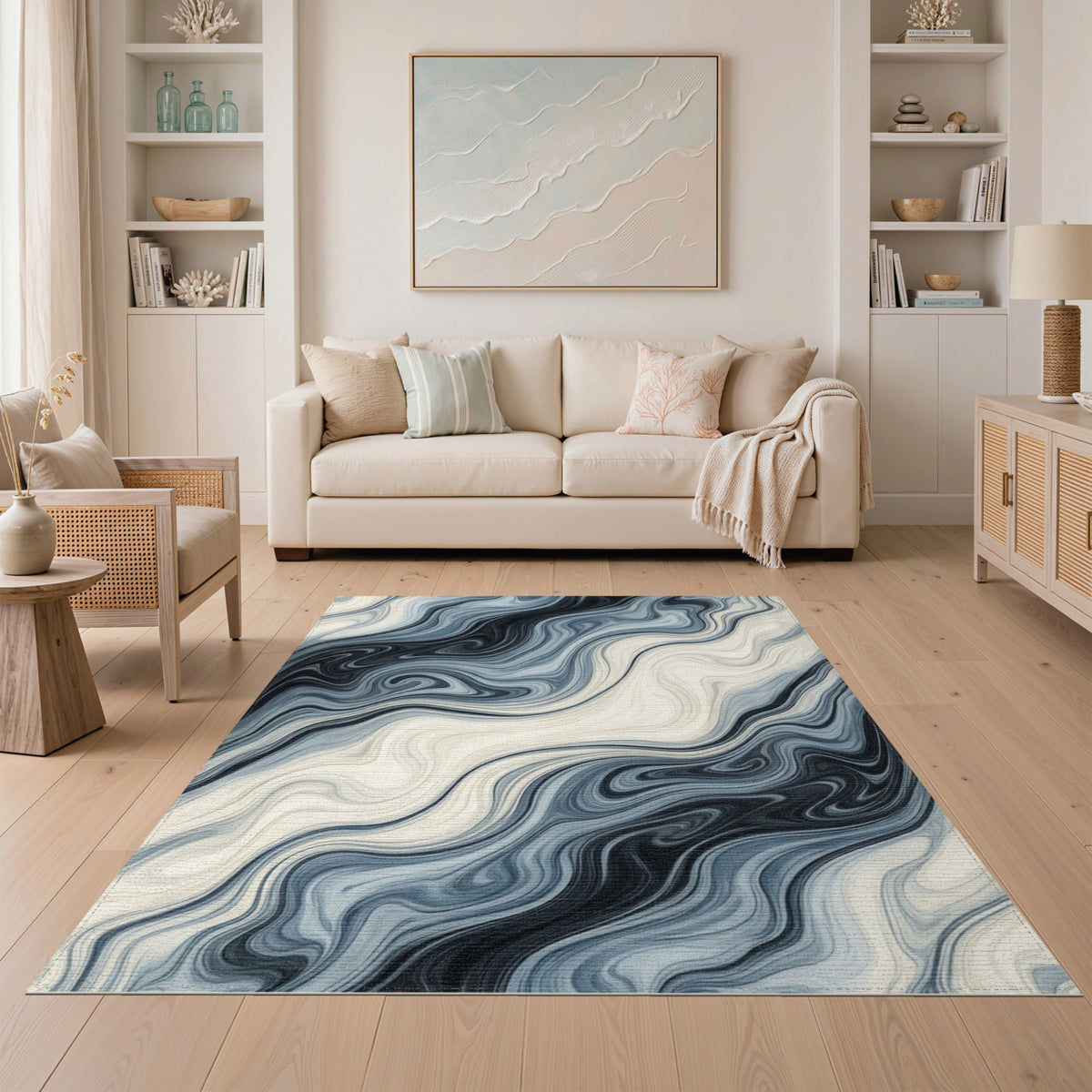 Abstract Area Blue Marble Swirl Abstract Area Rug