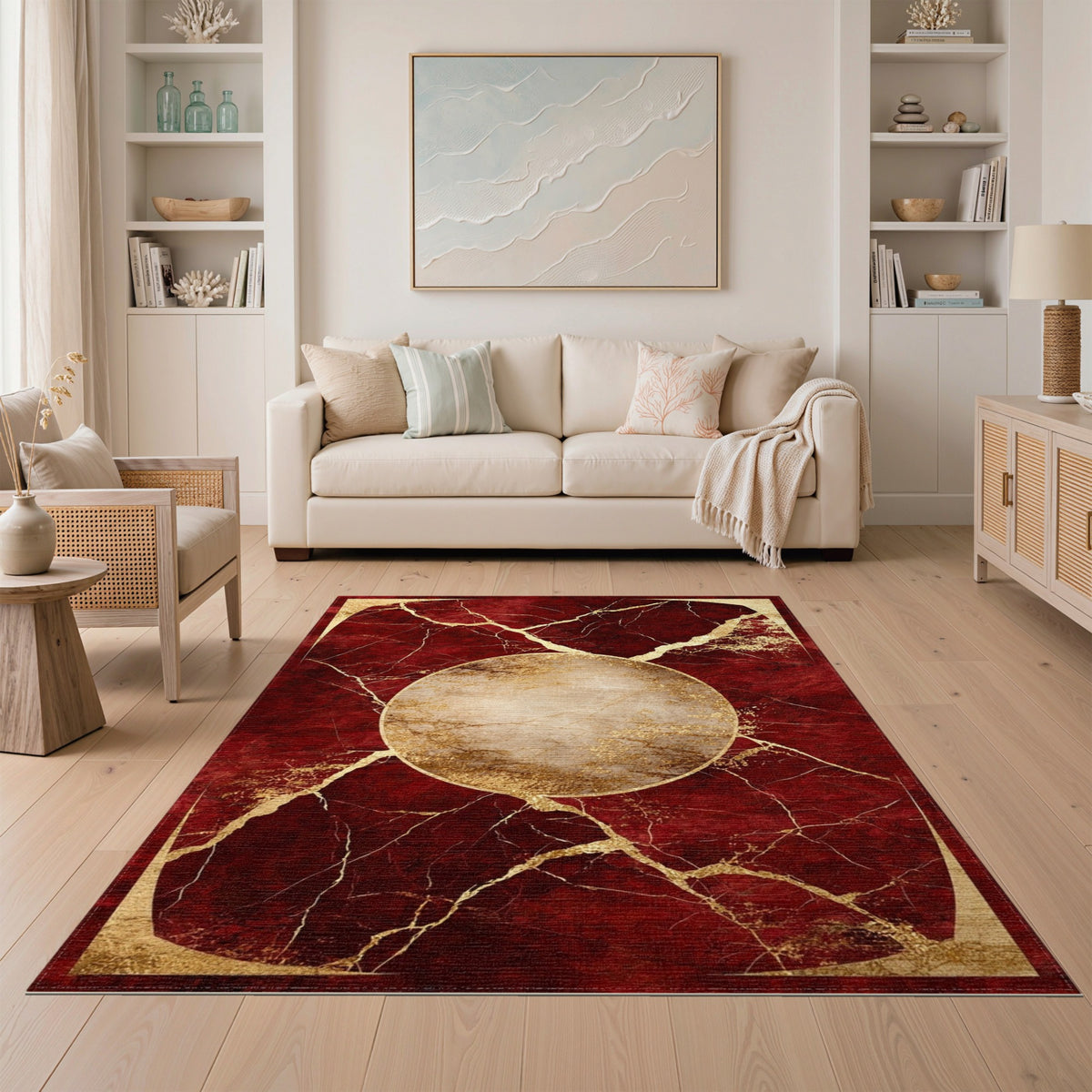 Red Marble Gold Medallion Area Rug