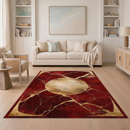 Red Marble Gold Medallion Area Rug