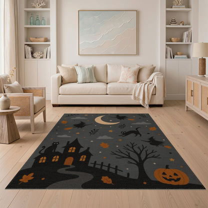 Grey Halloween Witches Cats Kids Cartoon Area Rug