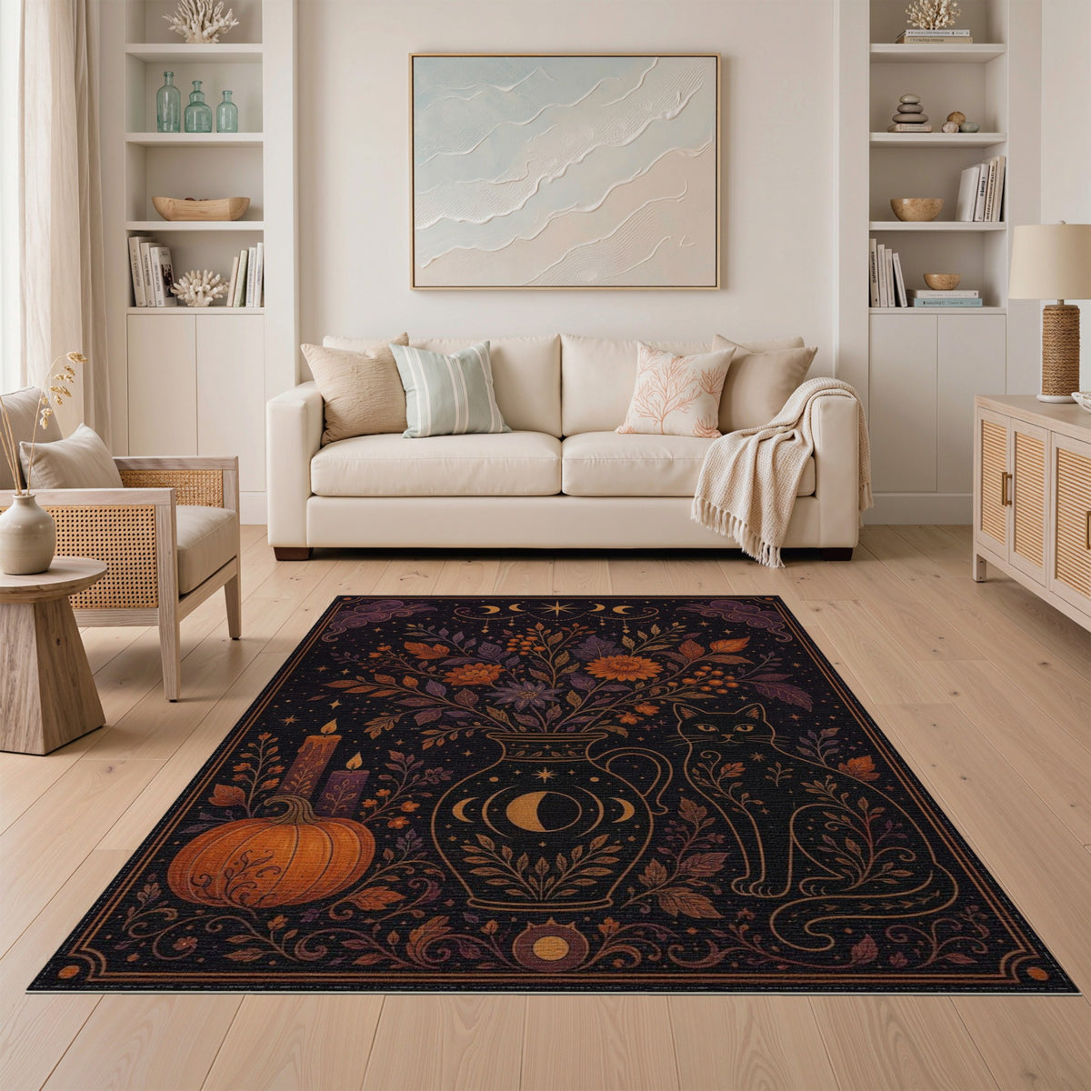 Mystical Celestial Cat Floral Area Rug