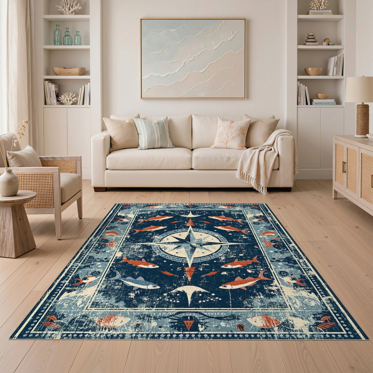 Distressed Nautical Compass Fish Area Rug