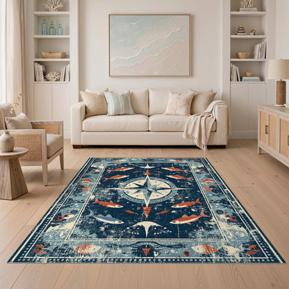 Distressed Nautical Compass Fish Area Rug