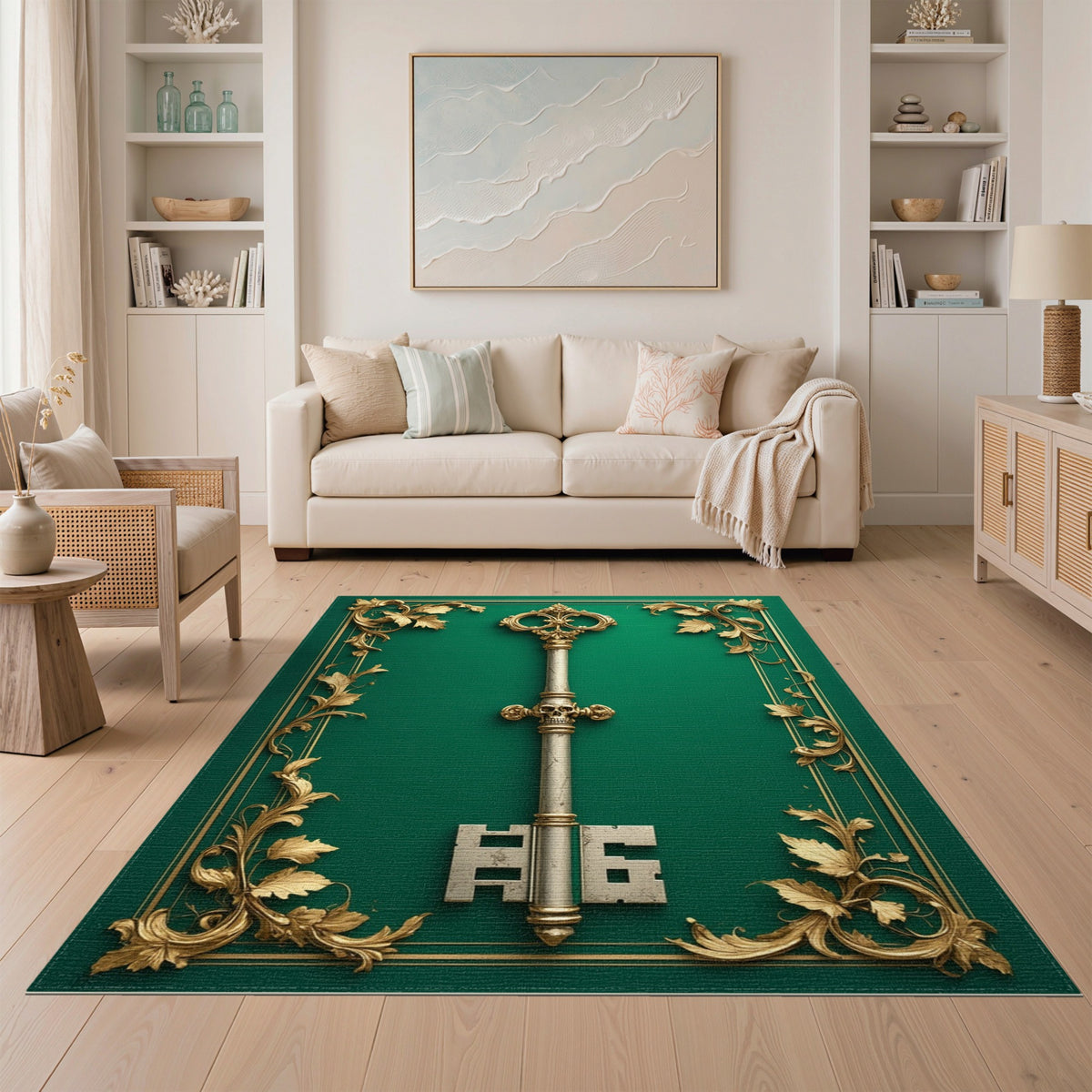 Ornate Gold Key Green Area Rug
