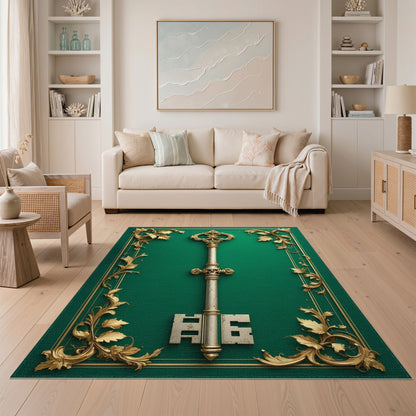 Ornate Gold Key Green Area Rug