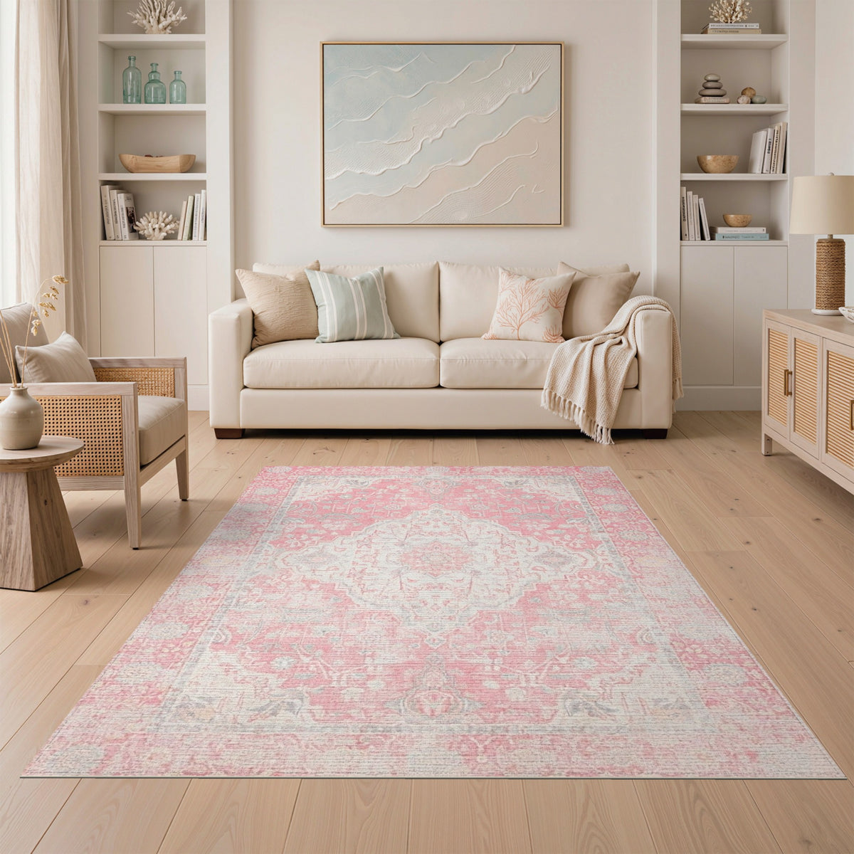 Pink Distressed Vintage Floral Distressed Vintage Area Rug
