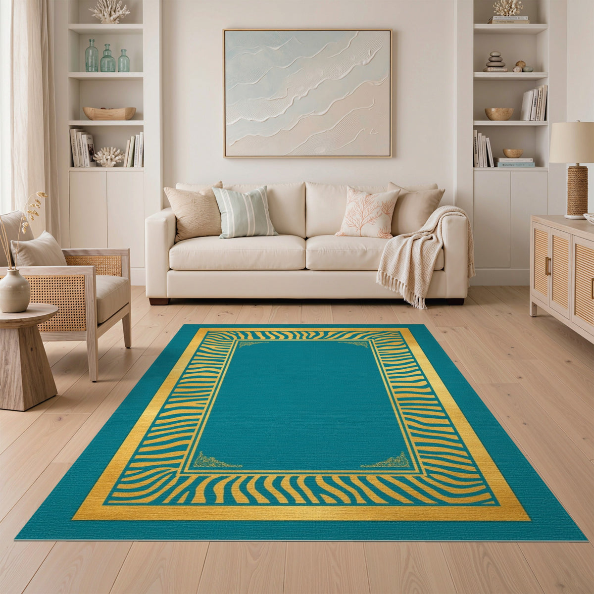 Teal Gold Zebra Border Area Rug