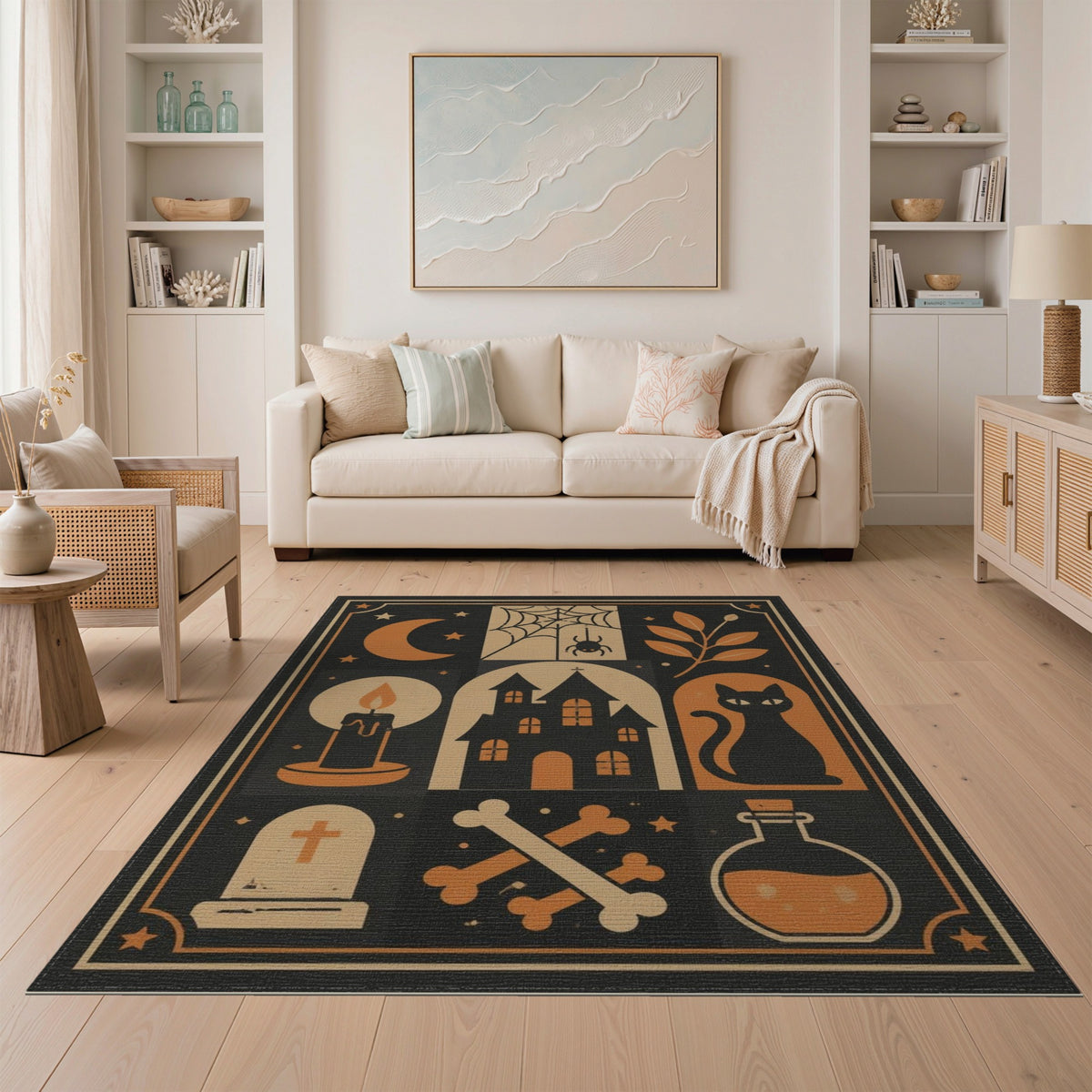 Gothic Halloween Black Cat Haunted House Rug
