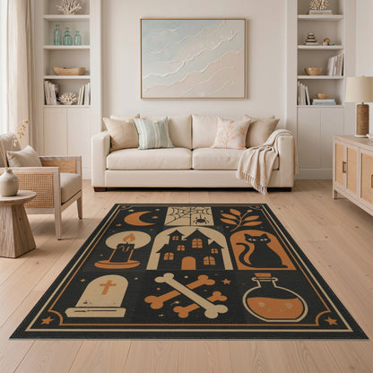 Gothic Halloween Black Cat Haunted House Rug