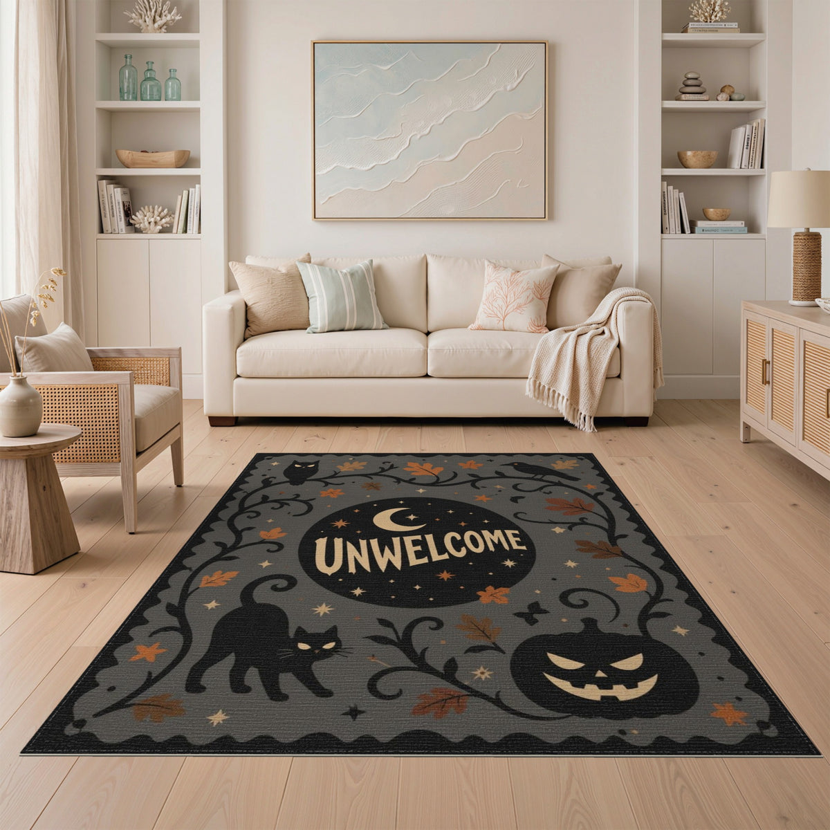 Unwelcome Halloween Black Cat Area Rug