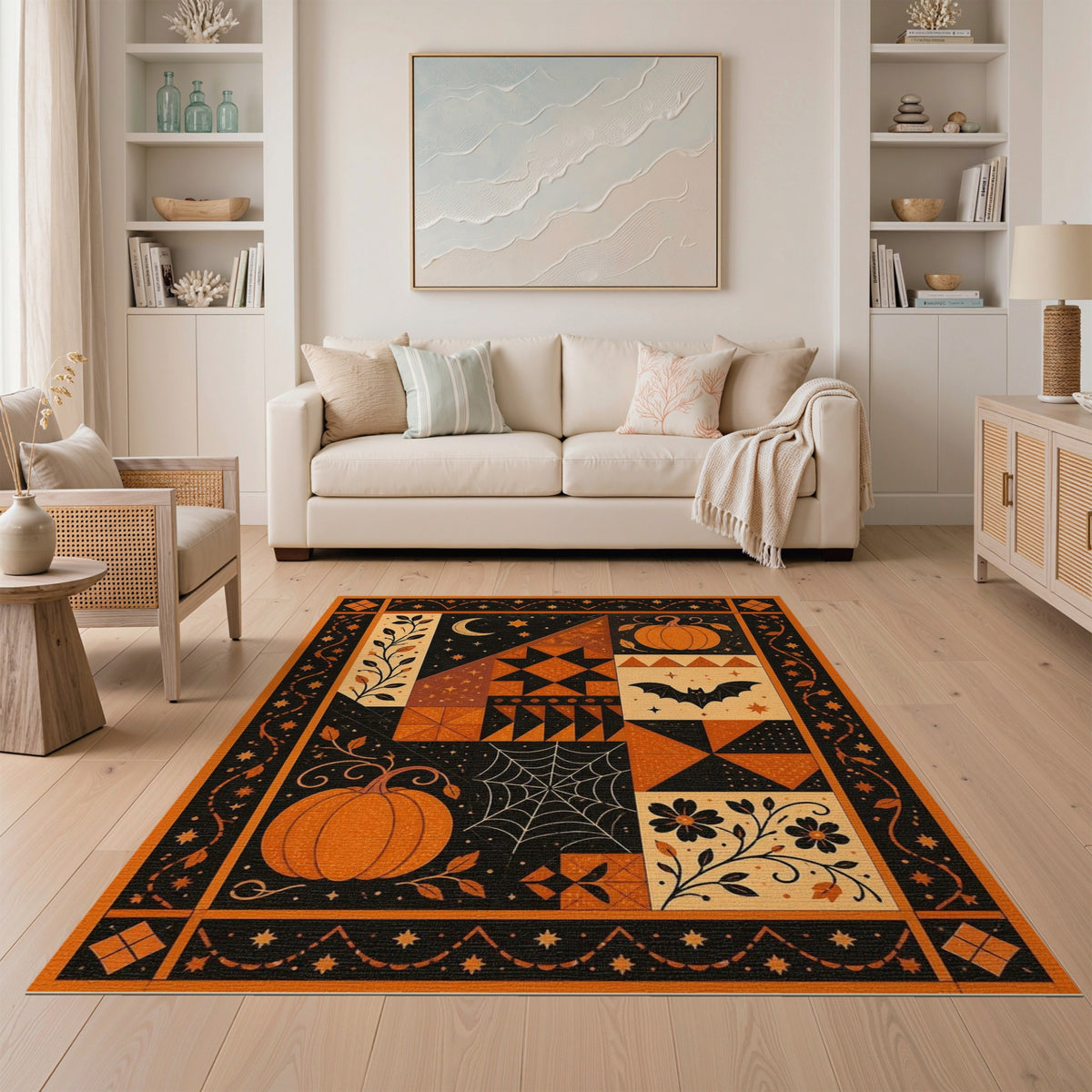 ODIKA Orange Pumpkin Bat Patchwork Area Rug