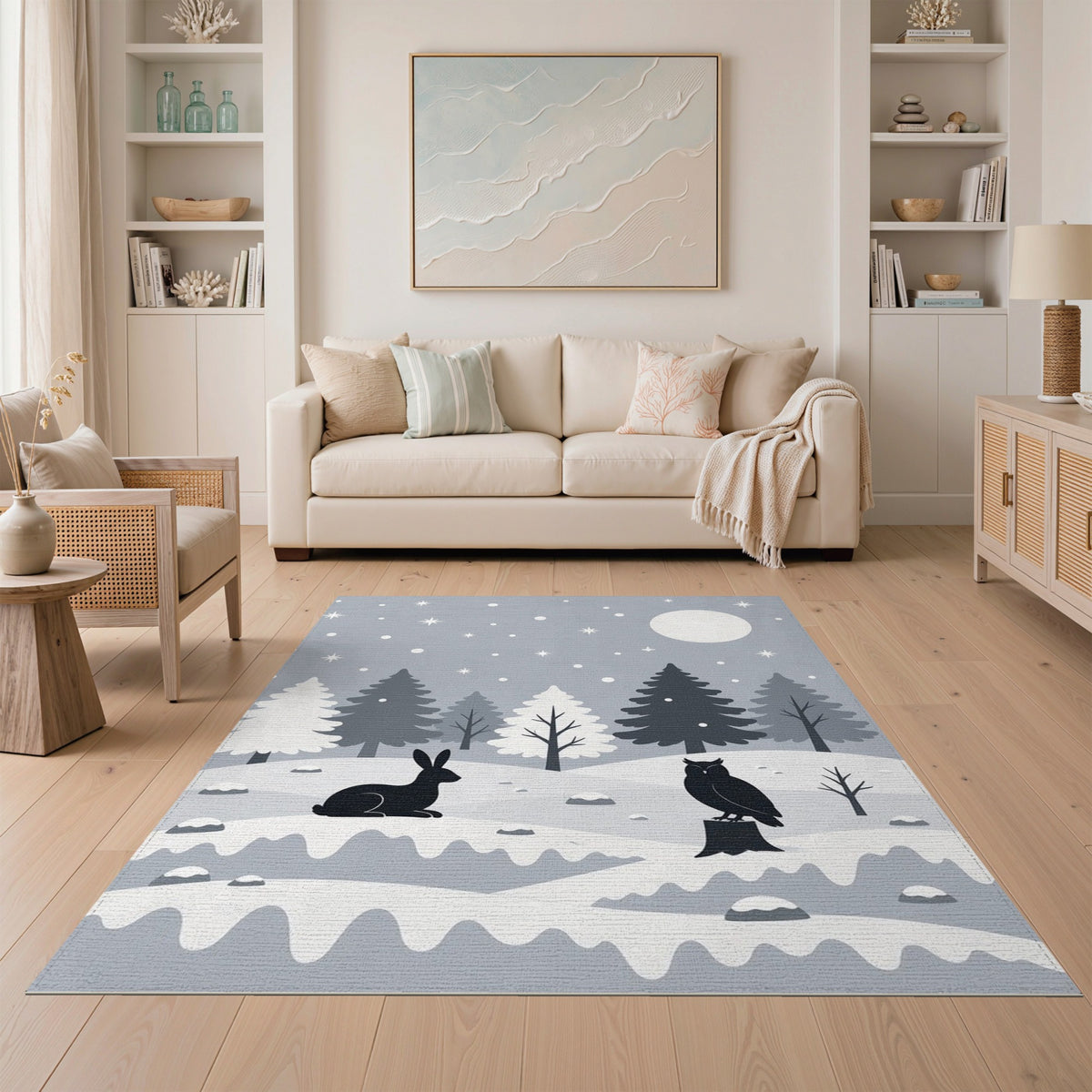 Black White Winter Owl Rabbit Area Rug