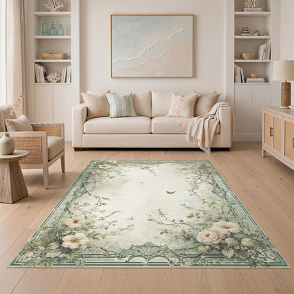 Sage Green Floral Vintage Area Rug