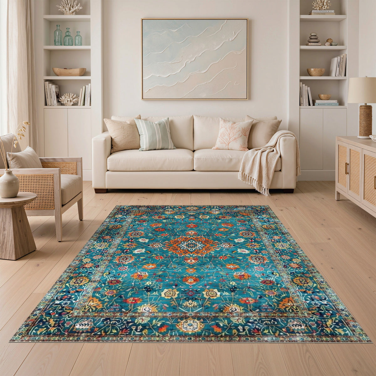 Traditional Persian Blue and Teal Floral Persian Area Rug