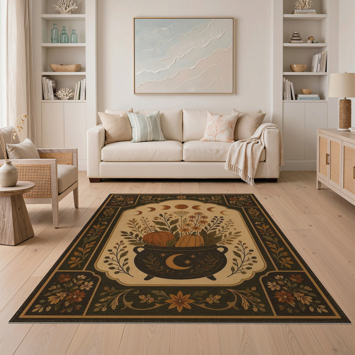 Vintage Cauldron Pumpkin Floral Area Rug