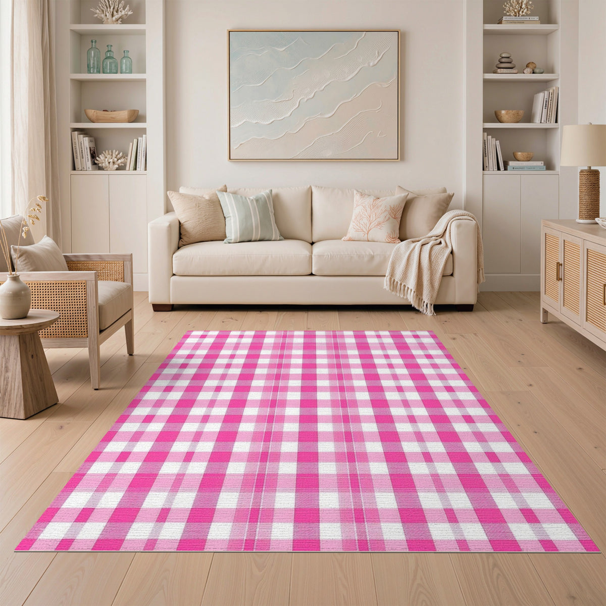 Pink Rustic Farmhouse Pink Gingham Check Washable Area Rug