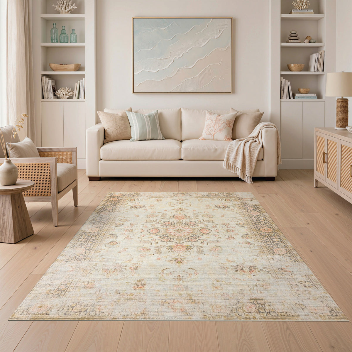 Beige and Neutral Vintage Floral Beige Medallion Area Rug