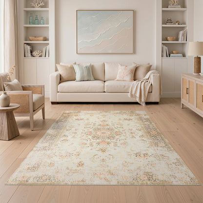 Beige and Neutral Vintage Floral Beige Medallion Area Rug