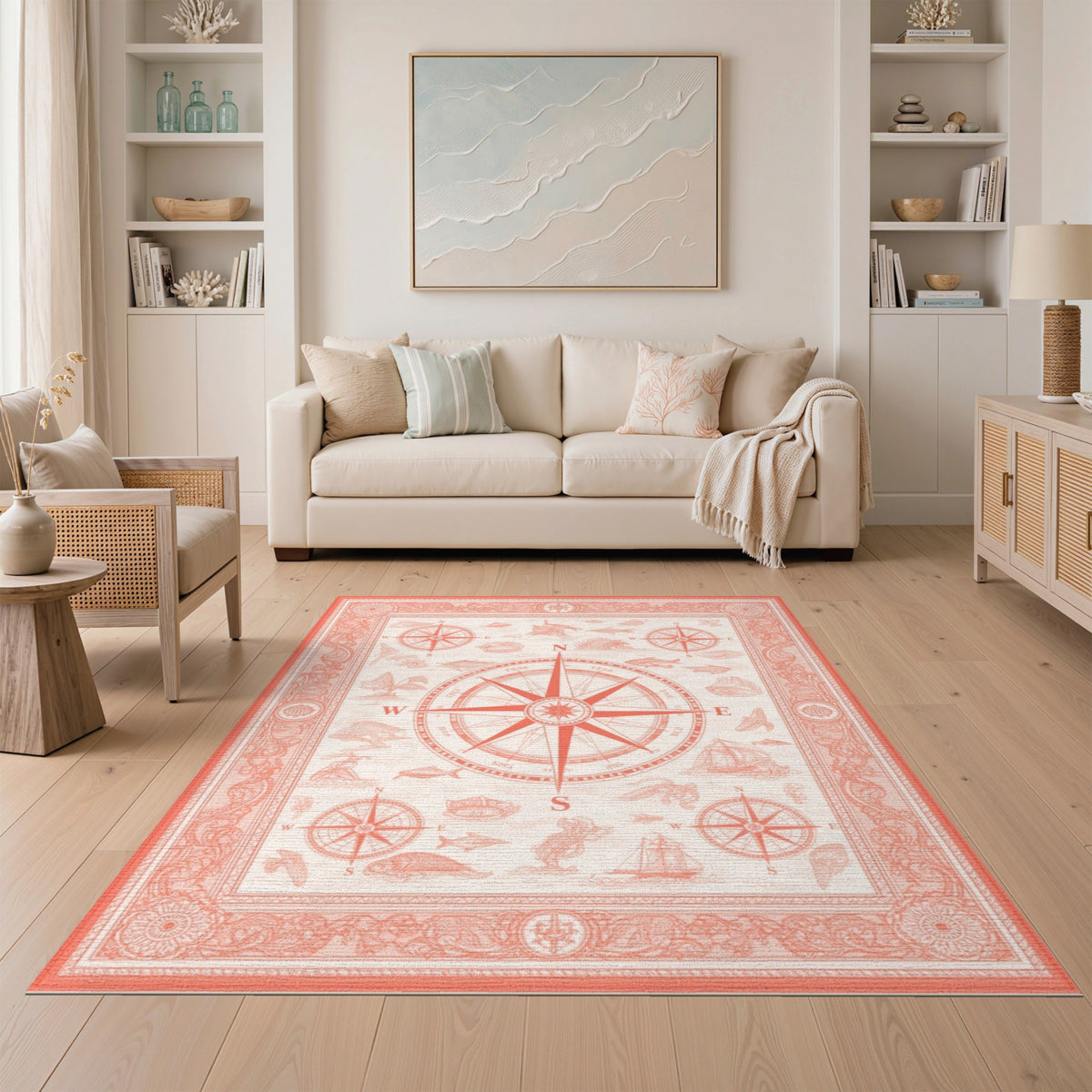 Red Vintage Compass Nautical Area Rug