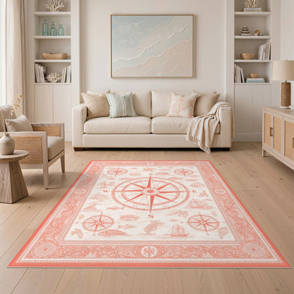 Red Vintage Compass Nautical Area Rug