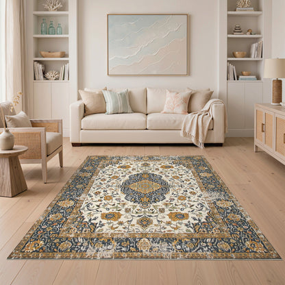 ODIKA Navy Persian Floral Medallion Area Rug