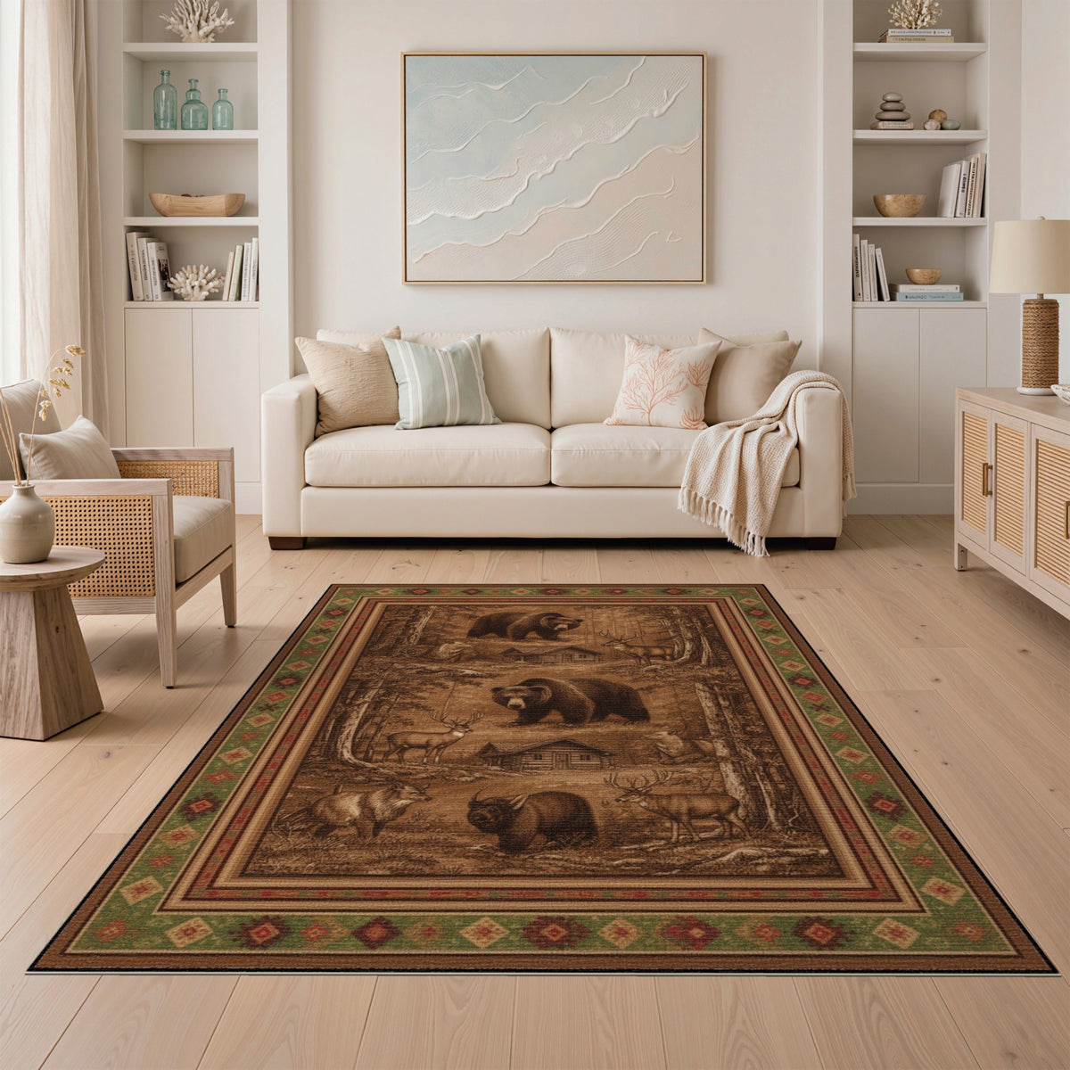 Rustic Wildlife Bear Deer Forest Area Rug