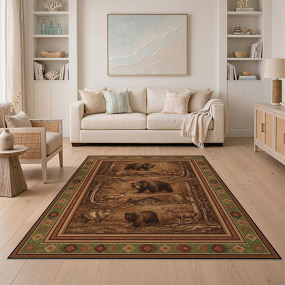 Rustic Wildlife Bear Deer Forest Area Rug