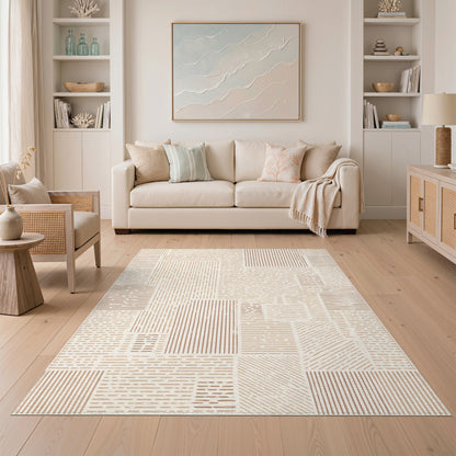 Beige and Neutral Beige Geometric Lines Area Rug