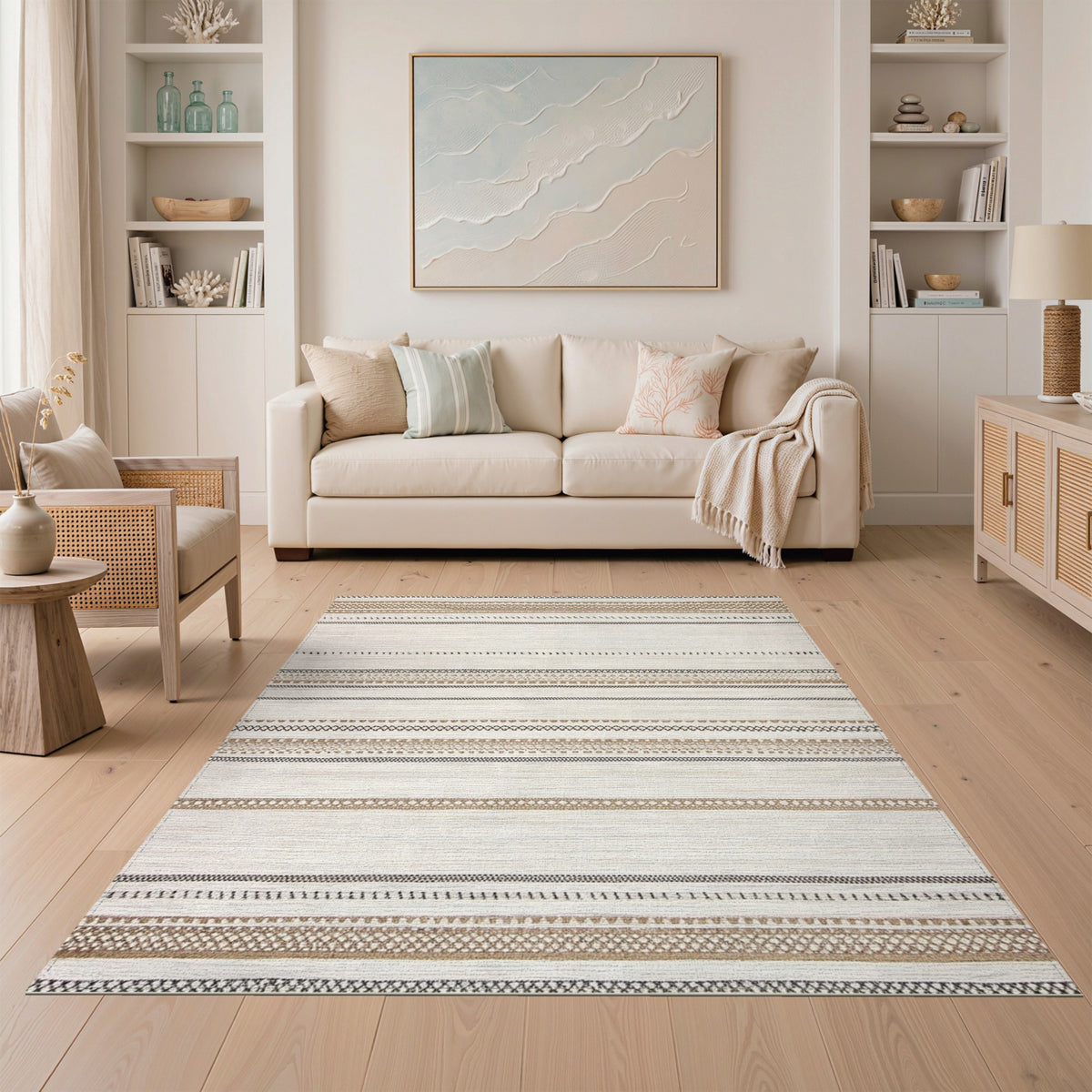 Brown and Tan Brown Tan Striped Heritage Tribal Area Rug