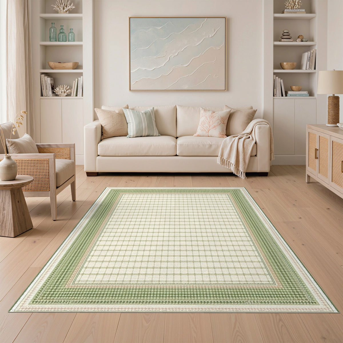 Green Geometric Lattice Border Area Rug