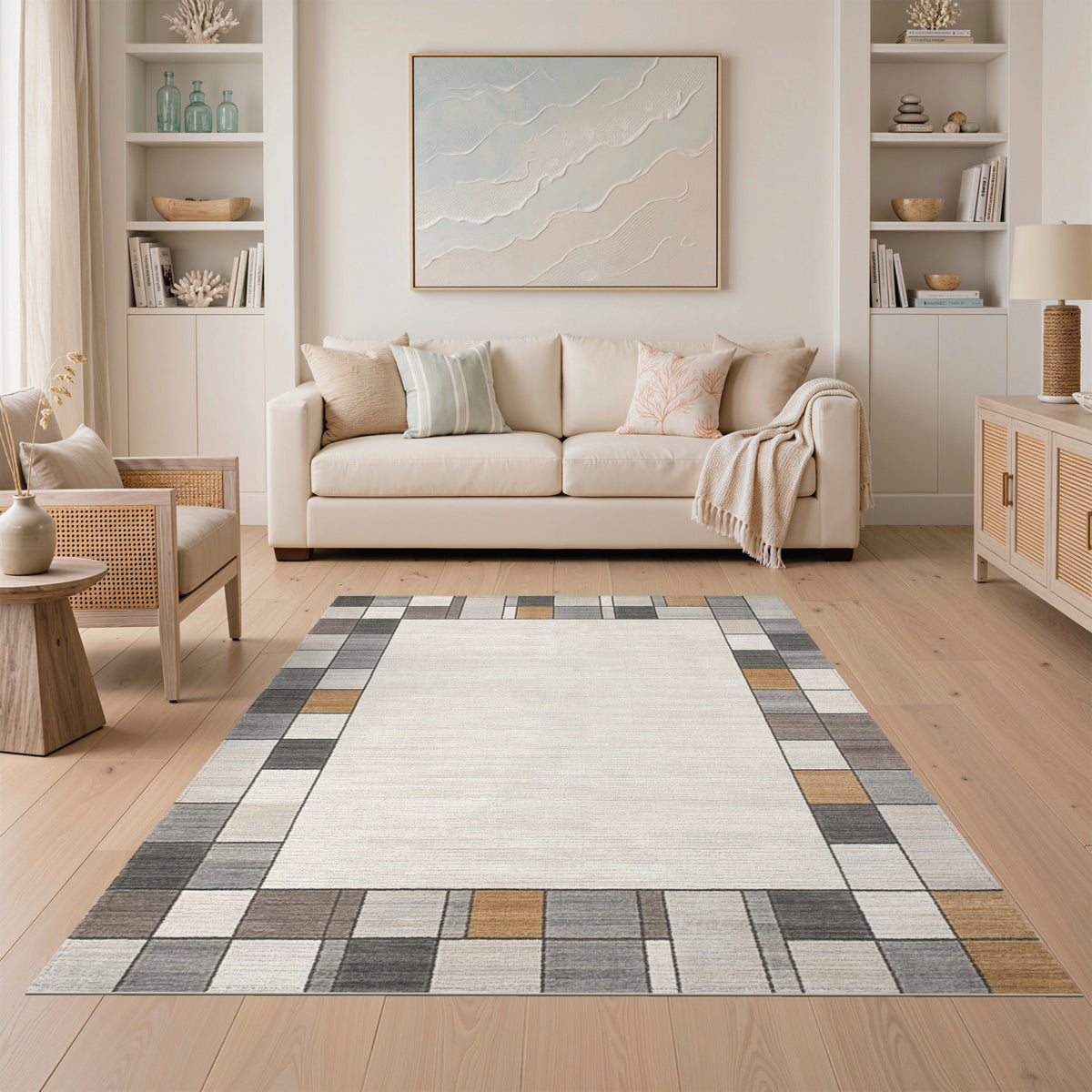 Beige Geometric Border No. 4 Area Rug