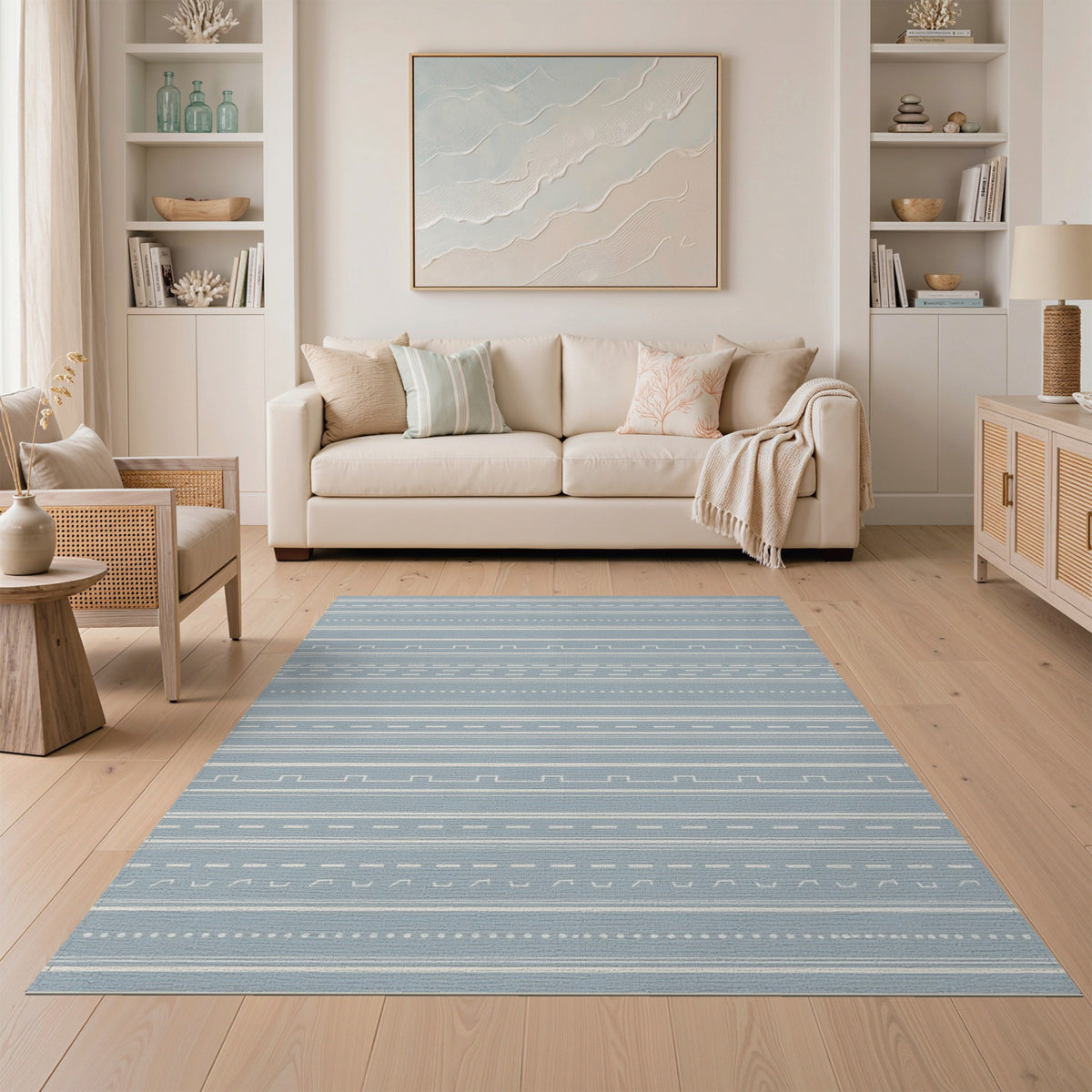 Blue Geometric Lines Washable Area Rug