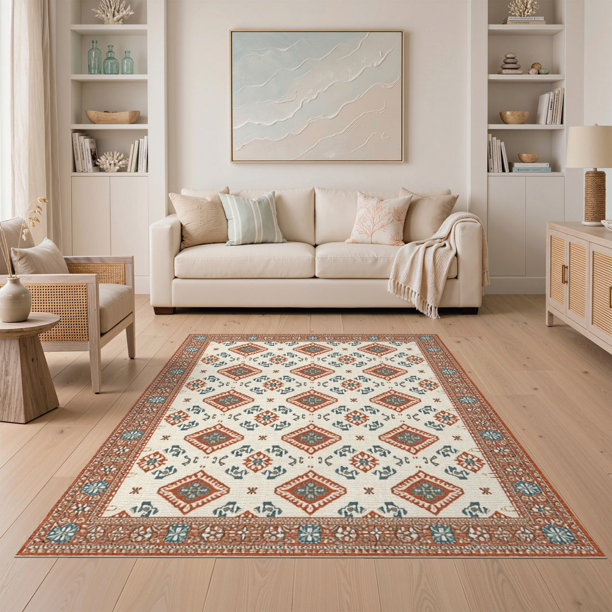 Beige Southwestern Area Rug with Red Teal Diamonds